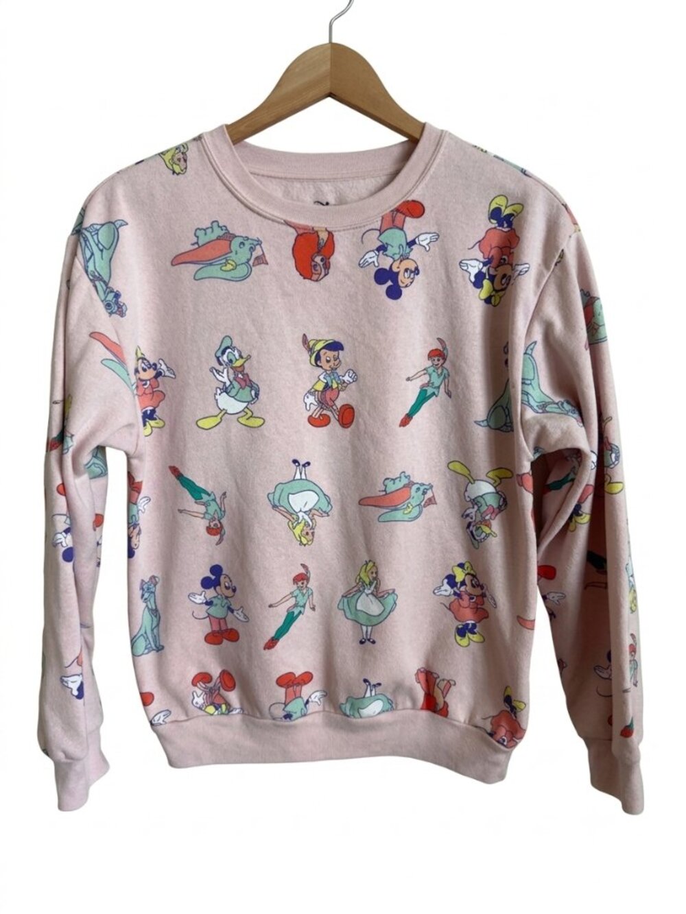 Disney 100 Character Sweatshirt Juniors S Pink Mickey Retro All Over Print Crew